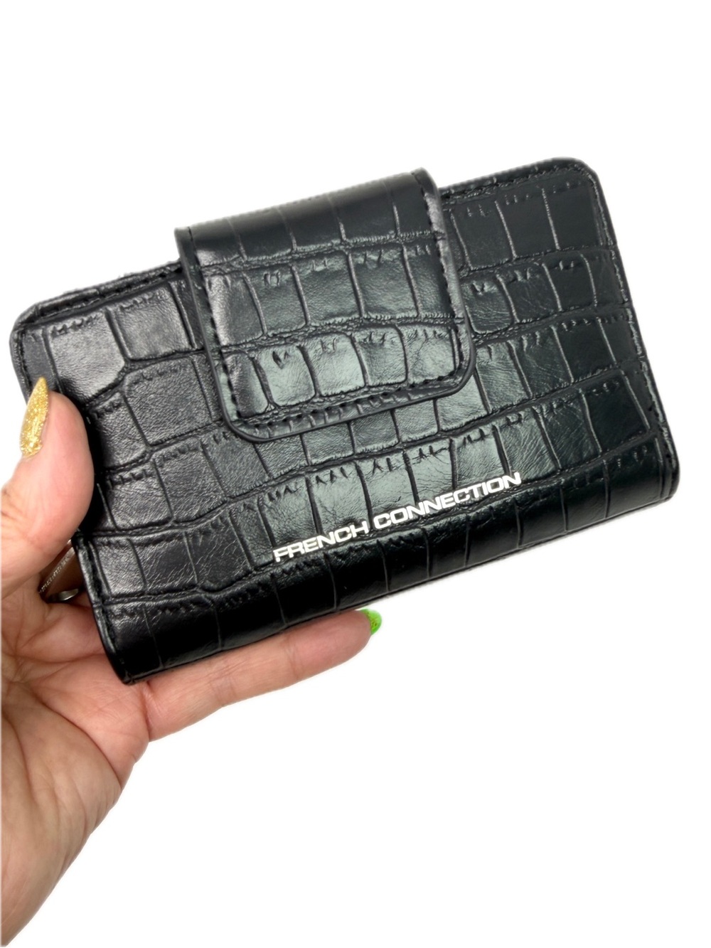 French Connection Emmy Black Croc-Embossed Bi-Fold Zipper Wallet, New with Tags!